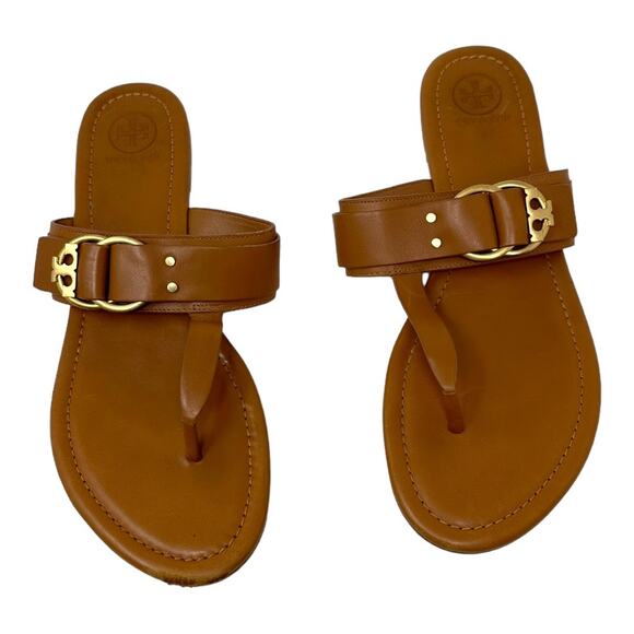 Tory Burch Tan Leather Marsden Flat Thong Sandal Size 9.5 - Picture 1 of 9